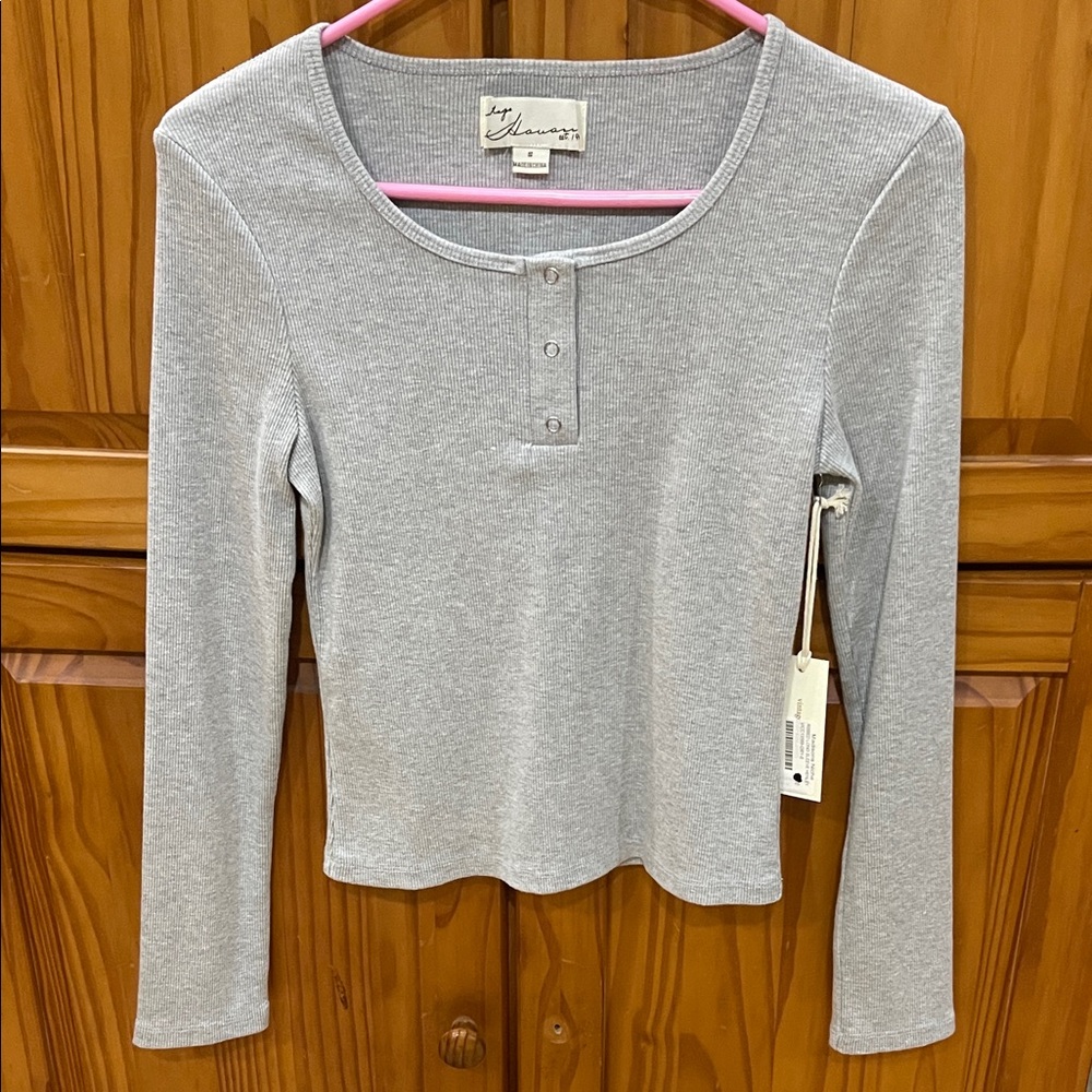 Madisons Niche Boutique Light Gray Ribbed Henley Long Sleeve Top